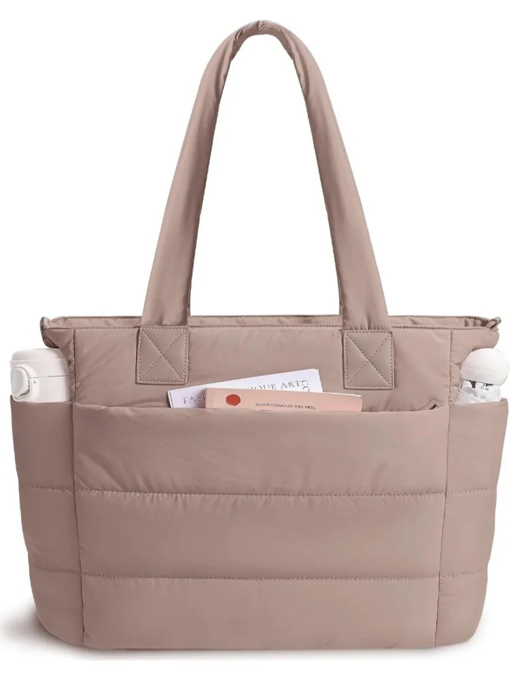 👜Women's Deep Khaki Quilted Puffer Tote Bag Lightweight Work For Travel Handbag